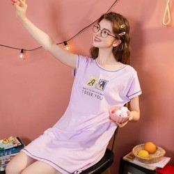 FENTENG 芬腾 睡衣女夏季新品短袖棉质可爱家居服印花休闲女睡裙 紫色 L