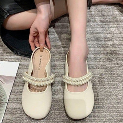 瓦米诺包头半拖鞋女春夏季外穿2024年新款网红珍珠蝴蝶结软底仙女风凉拖 米白色 35