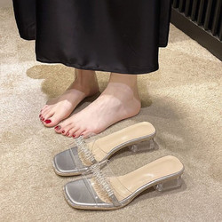 瓦米诺透明凉拖鞋女外穿2024春夏新款仙女风珍珠粗跟一字拖高跟鞋水晶跟 银色 36