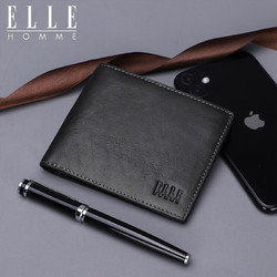 ELLE HOMME 男士短款钱包 头层牛皮多功能票夹 时尚横款两折钱夹礼盒装ED187504220亮黑色   父亲节礼物送爸爸