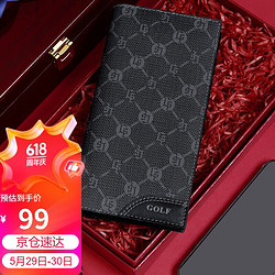 GOLF 高尔夫 男士钱包多卡位长款钱包男复古印花11卡位卡包休闲大容量皮夹横款票夹商务钱夹5V768385J黑色
