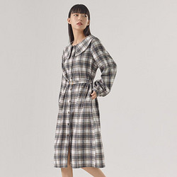 Meters bonwe 美特斯邦威 娃娃领格子连衣裙女新款冬季复古时尚灯笼袖长裙子