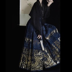 醉雨朵 原创藏蓝鹿神织金新中式马面裙套装日常明制汉服2024新款