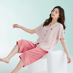 88VIP：Miiow 猫人 睡衣女士凉感科技5A抗菌薄款宽松开衫短袖短裤家居服女式套装