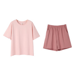 安之伴 睡衣女纯棉休闲可外穿100%棉日常居家短袖短裤简约纯色家居服套装 豆沙（纯棉） L