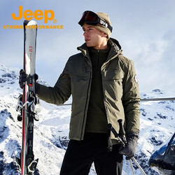 Jeep 吉普 三合一单层羽绒冲锋衣秋冬户外防风加厚保暖可拆卸连帽登山服 灰绿色   M（135-150斤）