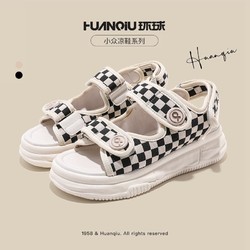 百亿补贴：HUANQIU 环球 凉鞋女夏季2024年小众沙滩鞋棋盘格小香风魔术贴运动
