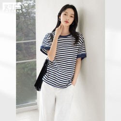 DUIBAI 对白 2024夏装创意撞色条纹牛仔拼接袖口宽松遮肉女式短袖T恤