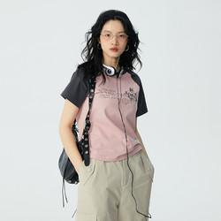 Omont 蛋挞家 印花短袖插肩袖T恤女夏季2023新款复古修身显瘦上衣