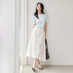 DUIBAI 对白 微皱肌理感撞色正肩短袖t恤女2024夏季新款圆领宽松显瘦上衣