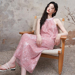 WESTLINK 西遇 人鱼姬亮片派对套装女2024夏季露肩挂脖垂感衬衣搭半裙两件套