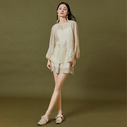 QS 秸熙 春秋季纯色轻国风套装气质绣花上衣短裤三件套