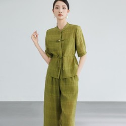 粉蓝衣橱 国风立领短袖衬衫套装夏2024新款高腰阔腿裤衬衣新中式两件套