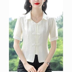 百亿补贴：依然纯 2024夏季新款雪纺V领小衫新中式衬衫修身显瘦气质短款上衣