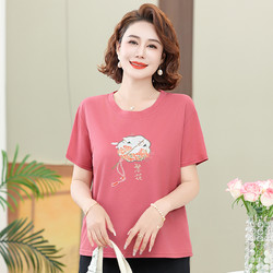 歌芳妮 妈妈国风短袖T恤上衣女中年女装2024新款夏装宽松小衫中老年套装