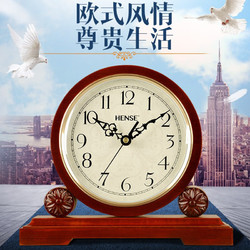 Hense 汉时 创意实木台钟欧式客厅古典座钟复古时钟木质坐钟石英钟表HD02 棕色