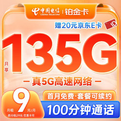 CHINA TELECOM 中国电信 流量卡9元月租长期手机卡纯上网高速5g大流量通用电话卡