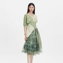 S.DEER 圣迪奥 sdeer圣迪奥女装V领撞色拼接泡泡袖不规则上衣S232Z2208