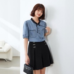 纤莉秀 大码女装复古盘扣设计感休闲通勤小众牛仔衬衫2024夏装新款