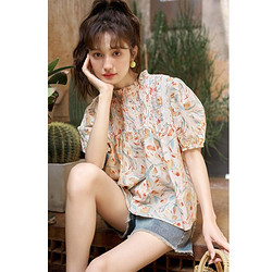 谜秀 秀 泡泡袖短袖碎花衬衫女季宽松设计感减龄洋气上衣女