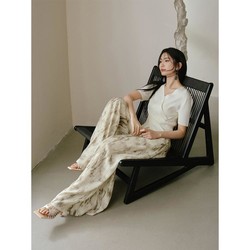 HOPESHOW 红袖 2024夏季女装国风印花设计感宽松松紧腰阔腿休闲长裤