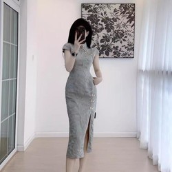 Leather cat 复古高级感新中式素雅修身旗袍古典开叉连衣裙