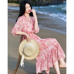 dme 德玛纳 春新V领雪纺印花女裙九分泡泡袖荷叶边连衣裙女长款