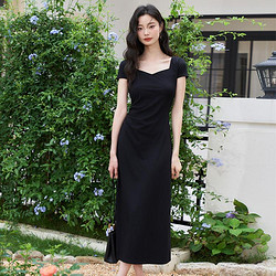 WESTLINK 西遇 赫本风针织小黑裙连衣裙女2024夏季高级感简约短袖方领连衣裙