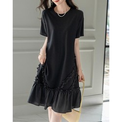 dme 德玛纳 夏圆领罗马布甜美荷叶边针织t恤裙直筒短袖连衣裙