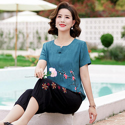 Taige 台格 夏季国风妈妈中老年装盘扣短袖T恤+七分裤绣花套装女