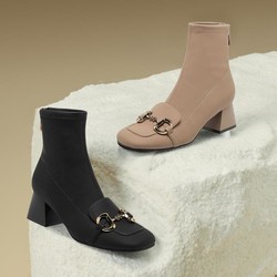 BASTO 百思图 ASTO 百思图 秋冬时气质方头粗跟乐福弹力袜靴女瘦瘦短靴