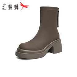 RED DRAGONFLY 红蜻蜓 通勤弹力靴2023秋冬新款女鞋厚底增高中筒靴百搭时尚烟筒靴