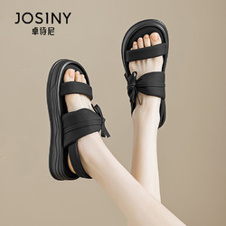 JOSINY 卓诗尼 厚底凉鞋女2024夏新款黑色法式蝴蝶结配裙子软底鞋罗马凉鞋