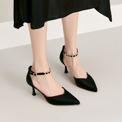 JOSINY 卓诗尼 2024春秋新款一字扣带包头凉鞋黑色尖头细跟高跟单鞋女夏季