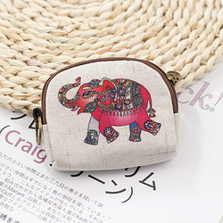 SHU GUO ER 书果儿 可爱迷你零钱包帆布布艺小硬币包零钱小包拉链钱包女短款 酒红色 吉祥象