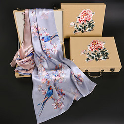 杭丝府 真丝丝巾女双层中国风盘扣披肩围巾送妈妈生日母亲节礼物花鸟梦幻