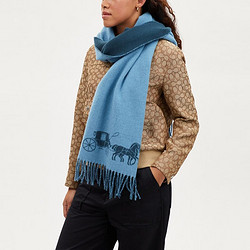 COACH 蔻驰 奥莱女士马车图案双面大尺寸长围巾 丹宁蓝色/浅雾蓝色