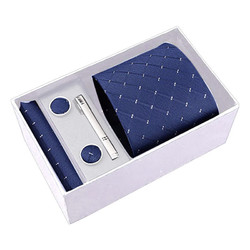 GLO-STORY 领带男士套装8CM商务正装袖扣口袋巾领带夹礼盒装 宝蓝格子