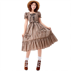 踏丽虹 洛丽塔格子蝴蝶结日常软妹连衣裙公主裙 可拆袖子子舞台表演服 卡其格子 S