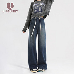 unisunny 牛仔裤春季外穿时尚直筒阔腿裤孕期高腰无托腹抽绳休闲裤 蓝色 XL
