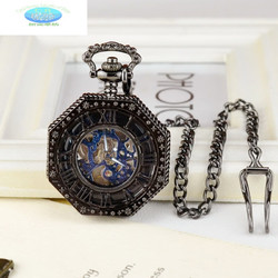 创京懿选 怀表复古怀表复古翻盖机械怀表男女学生怀旧镂空雕花八角形项链挂 黑色(表盒+挂链+皮绳)